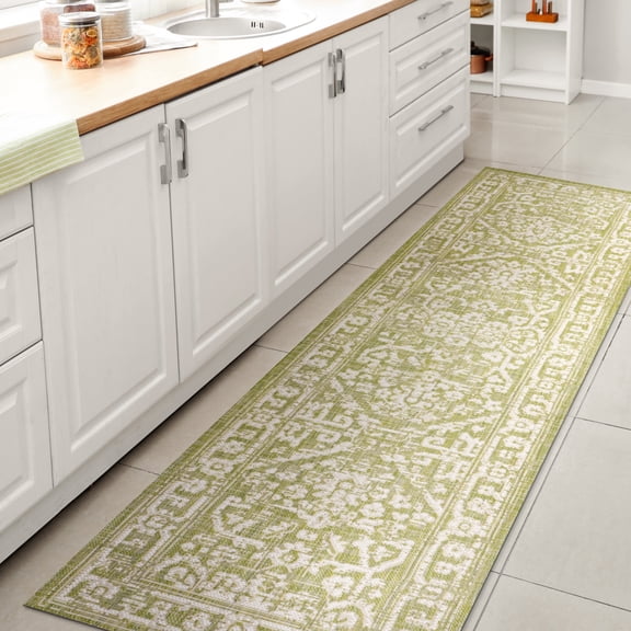 JONATHAN Y SANTA MONICA 2 x 8 Runner Rug, Malta Bohemian Medallion Textured Weave - Green/Cream, SMB104D-28