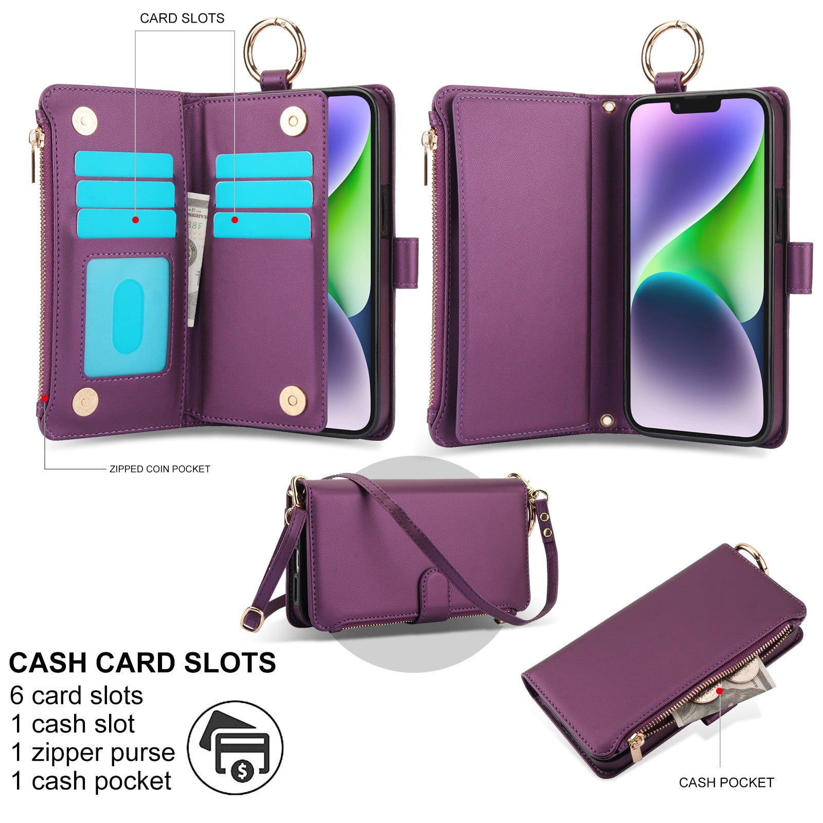 ELEHOLD For iPhone 13 Phone Case Leather Crossbody Zipper Card Wallet Flip Case Kickstand Cover, with Ring Holder,Full Body Protection-Deeppurple