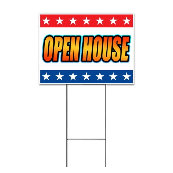Open House Stars Stripes (18" x 24") Yard Sign, Includes Metal Step Stake