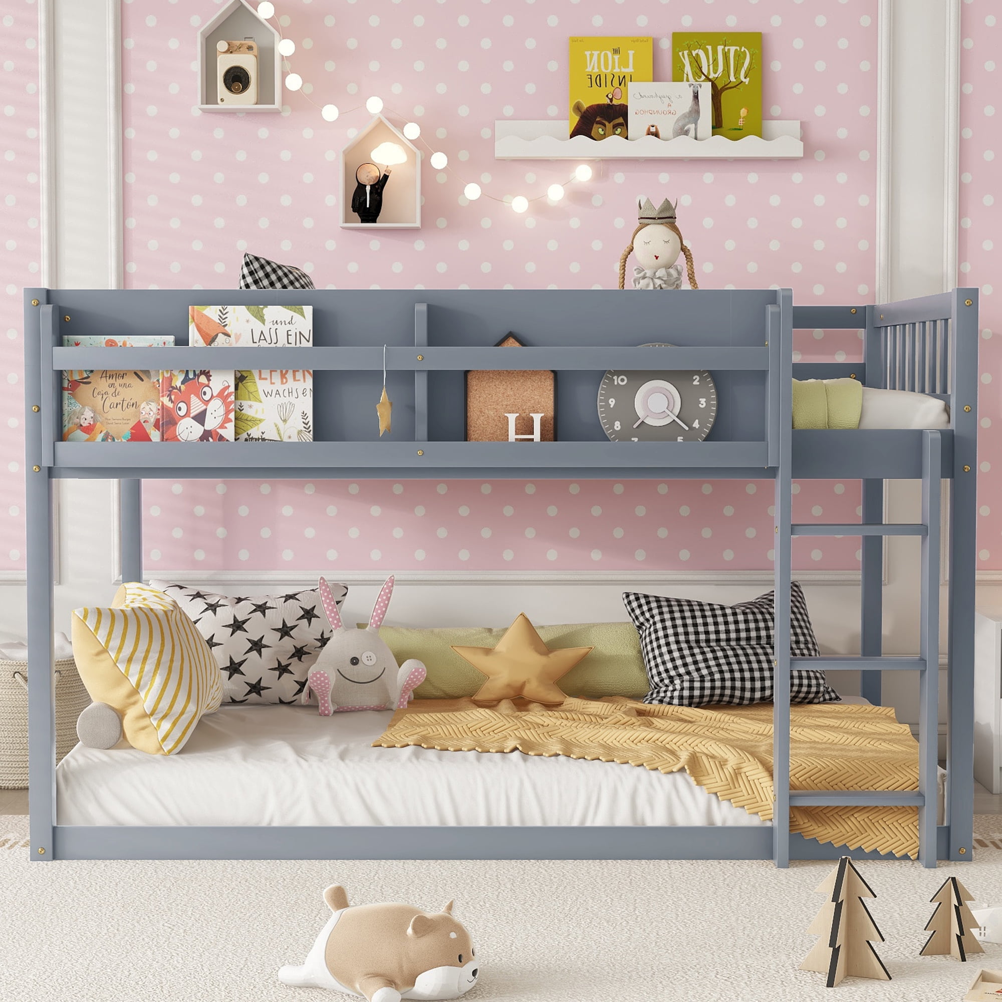 HOQBN Bunk Bed Twin Over Twin,Solid Wood Low Floor Bunk Bed with Ladder,Gray