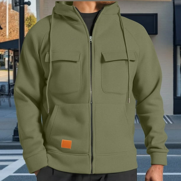 pstuiky camisetas de manga larga para hombre, Blusa/camiseta informal de manga larga con capucha y bolsillo con cremallera para hombre, color liso camisetas de hombre xl