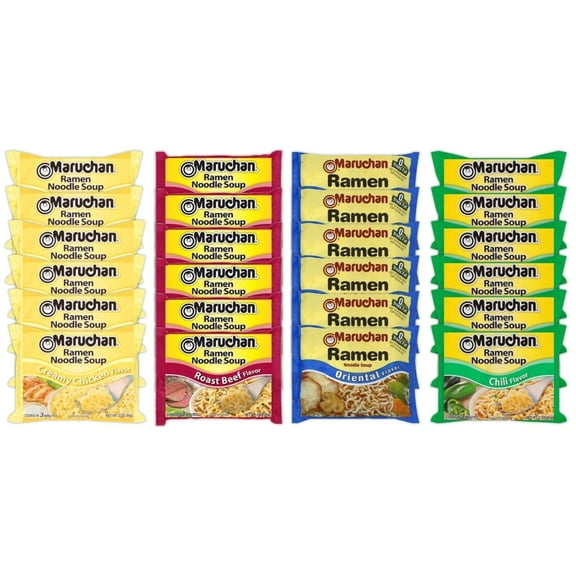 Maruchan Ramen Instant Noodle Soup Variety Mix 24 Packs, 4 Flavors - 6 Pack Creamy Chicken, 6 Pack Roast Beef, 6 Pack Oriental , 6 Pack Chili Lunch / Dinner Variety