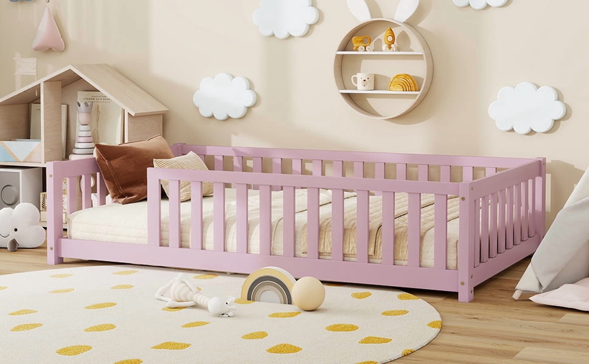 Twin Size Rubber Wood Floor Bed with Full Surround Safety Fence, No-Door Kids Platform Bed with 7 Wood Slats Holds 250LBS Fits ≤6 Inch Mattress