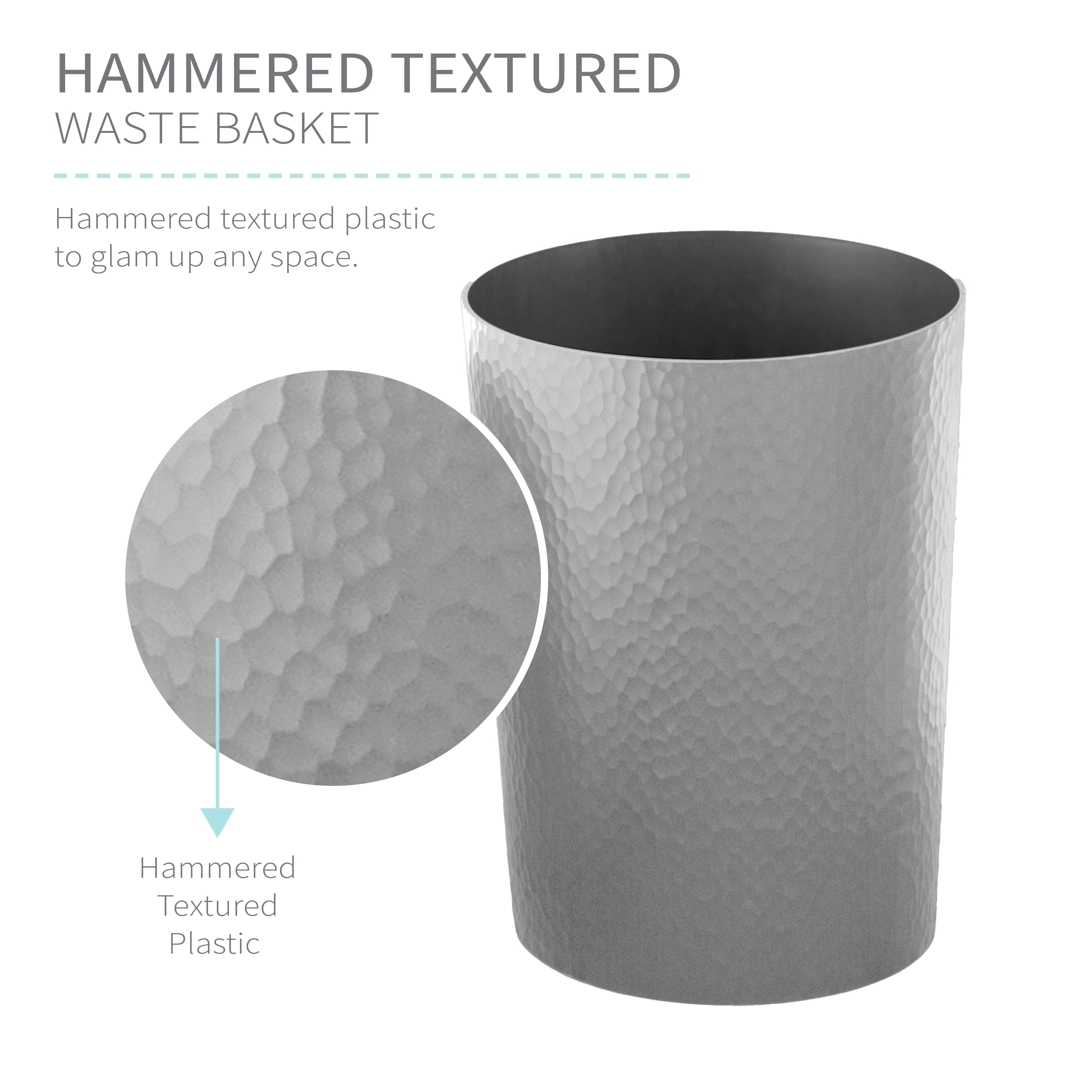 Bath Bliss 4 Pack 10 Liter Hammered Textured Plastic Bathroom Wastebasket in Silver