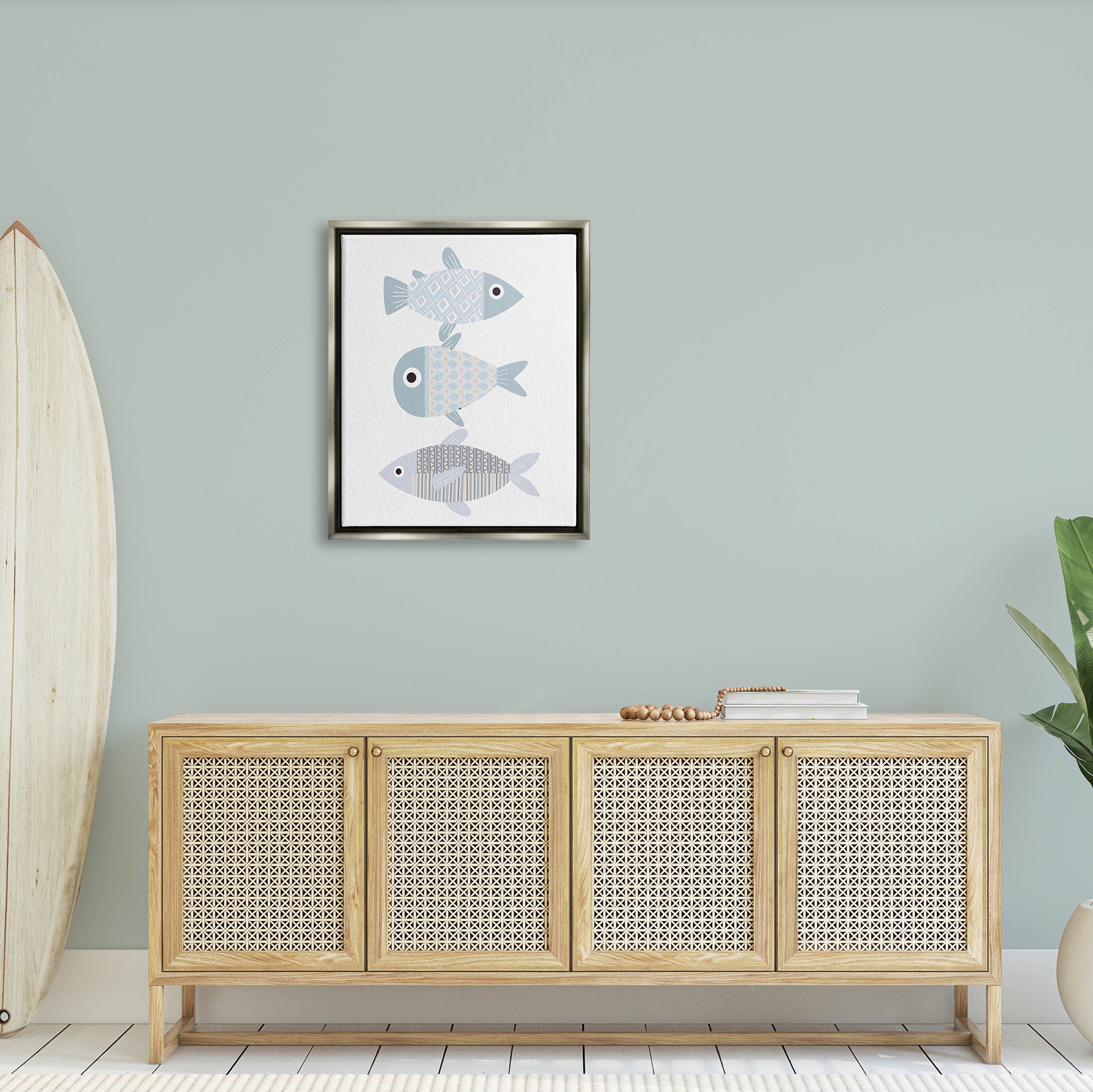 Stupell Industries Three Whimsical Patterned Fish Sea Life Graphic Art Luster Gray Floating Framed Canvas Print Wall Art, Design by Kim Allen