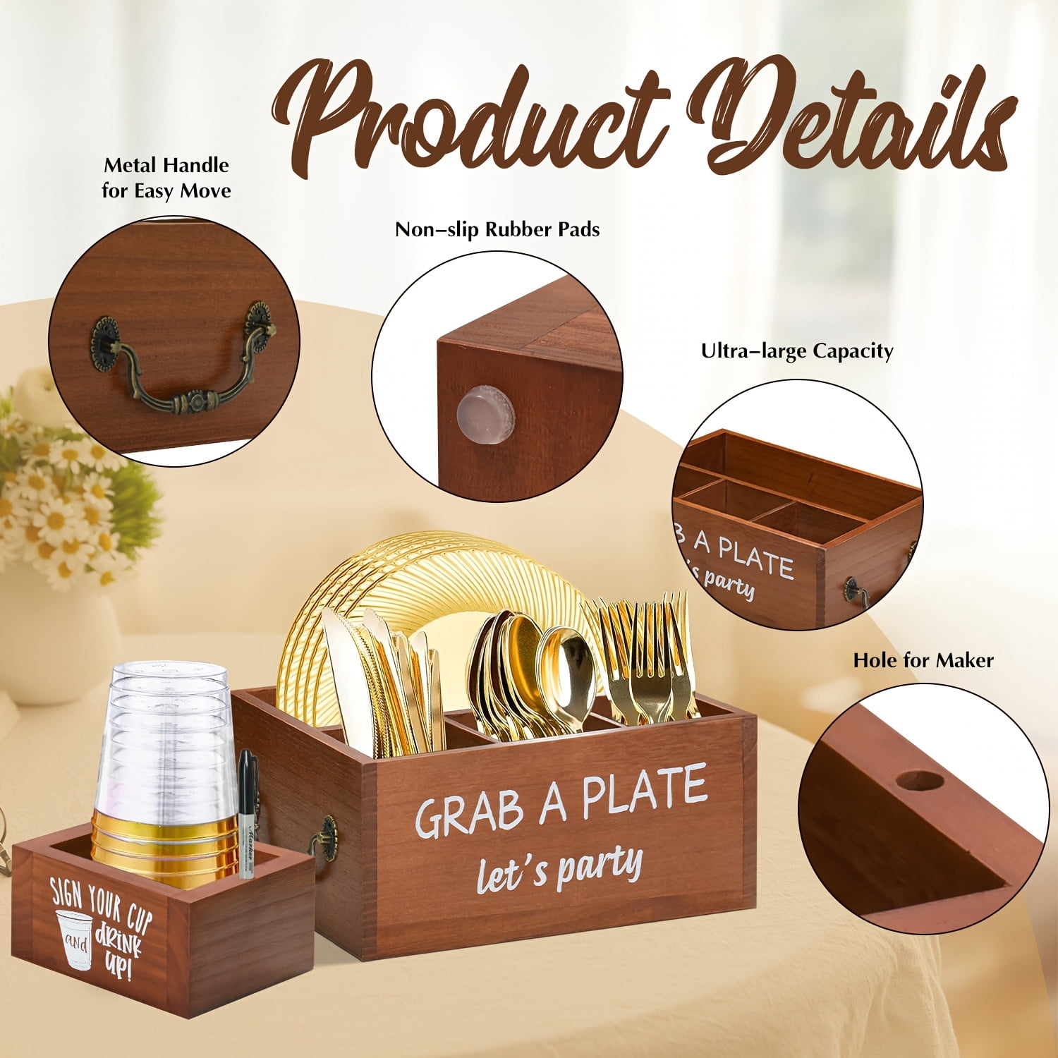 Farmhouse Wooden Paper Plate Dispenser with 1 Cup Holder - 4-Compartment Utensil Caddy for Parties-Brown