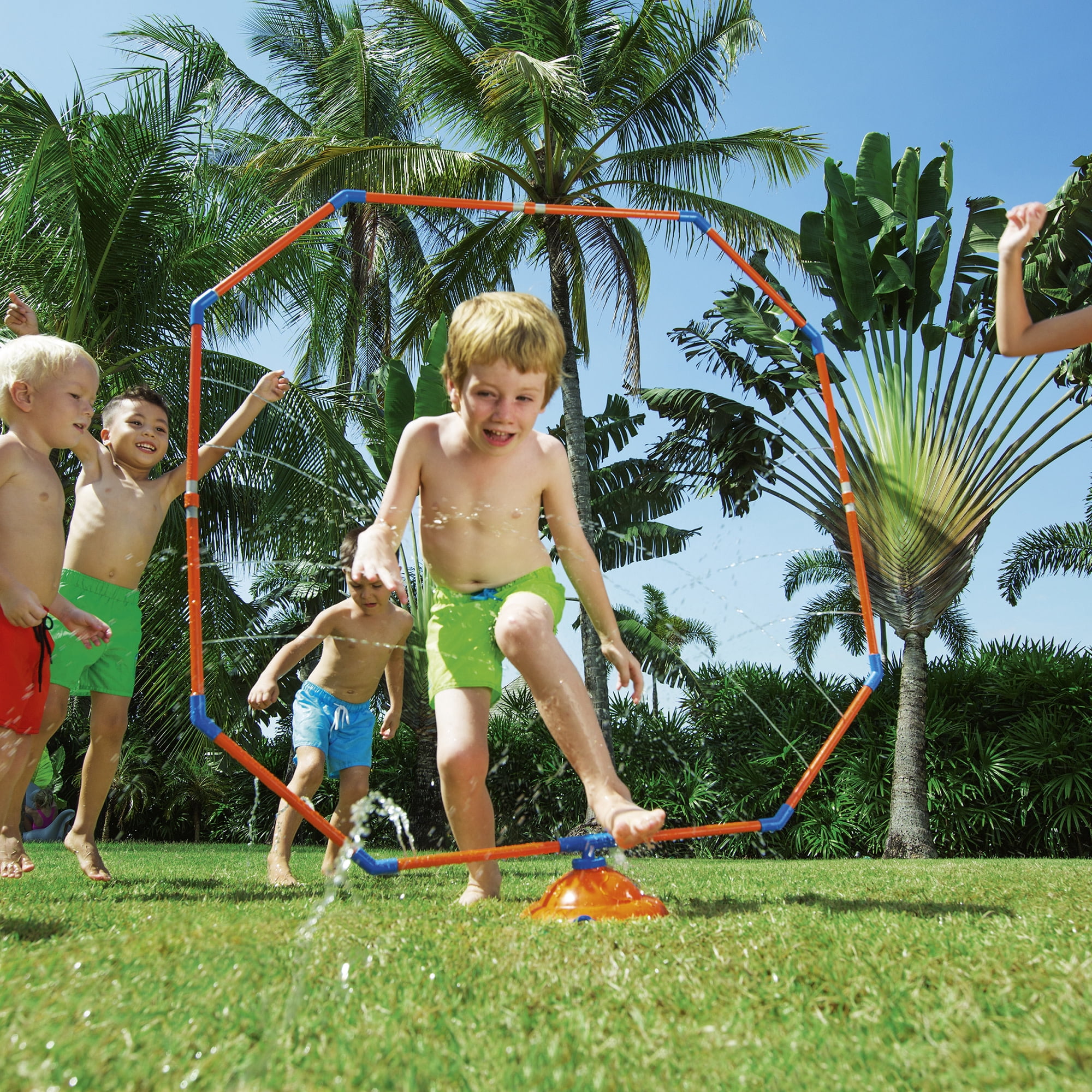 Bestway: H2OGO! Hydro Hoop Water Sprayer Sprinkler - Blue & Orange, Octagon Shaped, Rotating Water Splasher Blaster, Outdoor & Backyard Play, Kids 3+