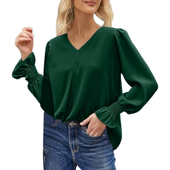 Gyexs Long Sleeve Dressy Shirts for Women Business Casual V Neck Tunic Tops Loose Fit Chiffon Workwear Blouses Dark Green, Size S