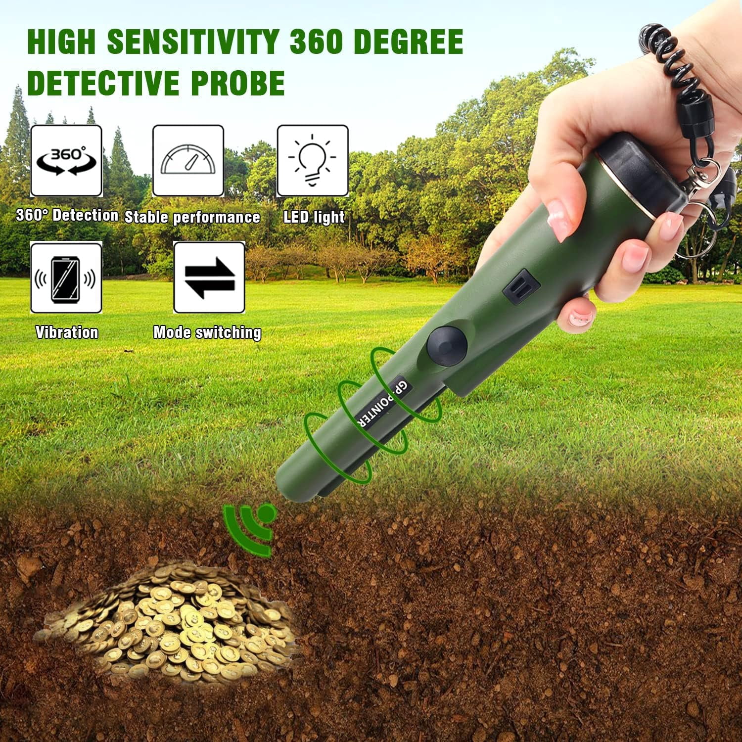 SYITOOCK Metal Detector Pinpointer, Professional Handheld Pin Pointer Wand, 360°Search Treasure Pinpointing Finder Probe with Belt Holster, Green