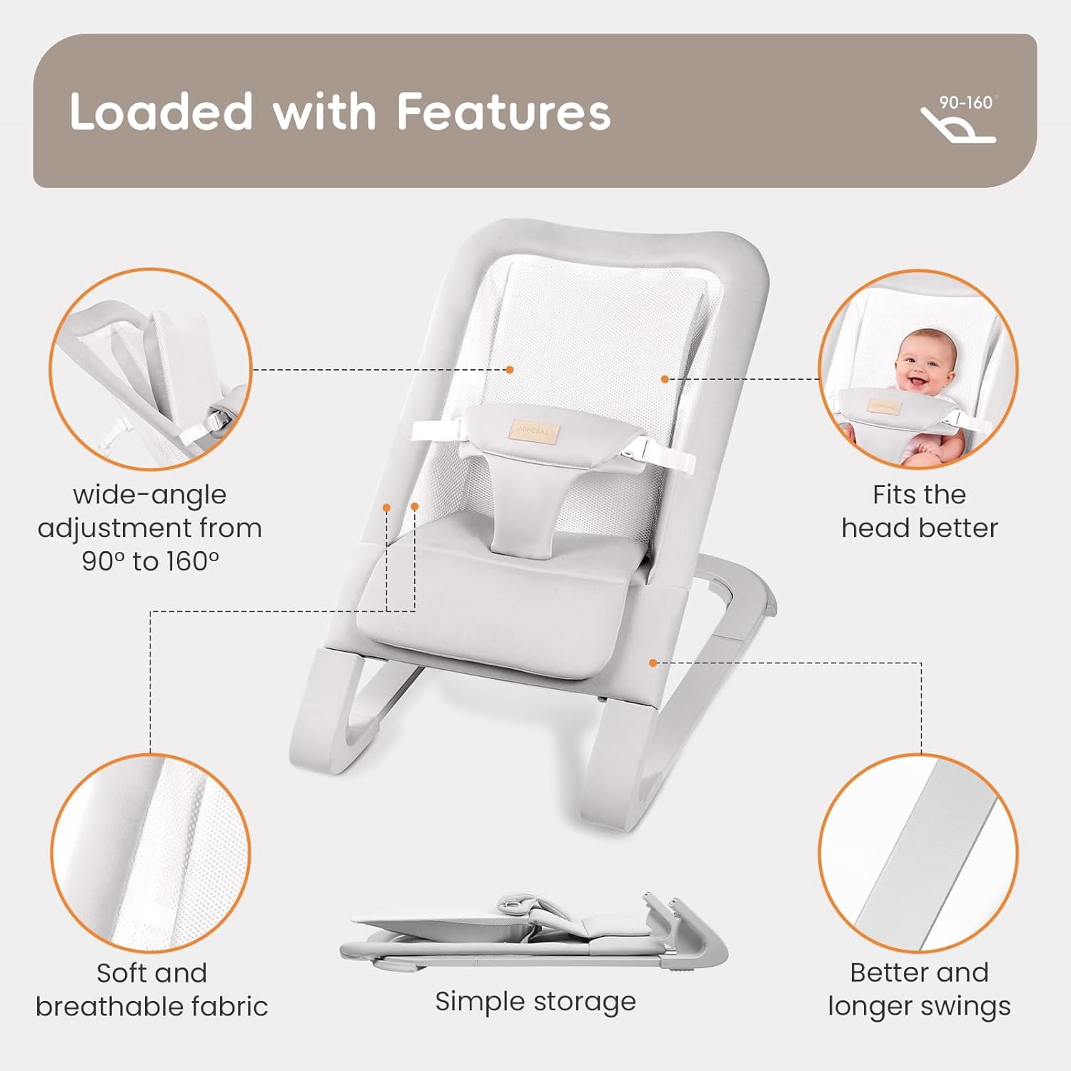 Portable Baby Bouncer & Rocker Seat for Infants, Adjustable Reclining Baby Chair with 3-Point Safety Harness, Lightweight Foldable Design for 0-18 Months, Supports Up to 60 lbs, Grey
