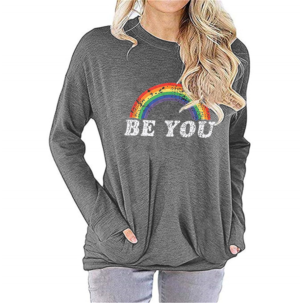 NGMQ Rainbow Print Women Long Sleeve Casual Hoodies Sweatshirt ...