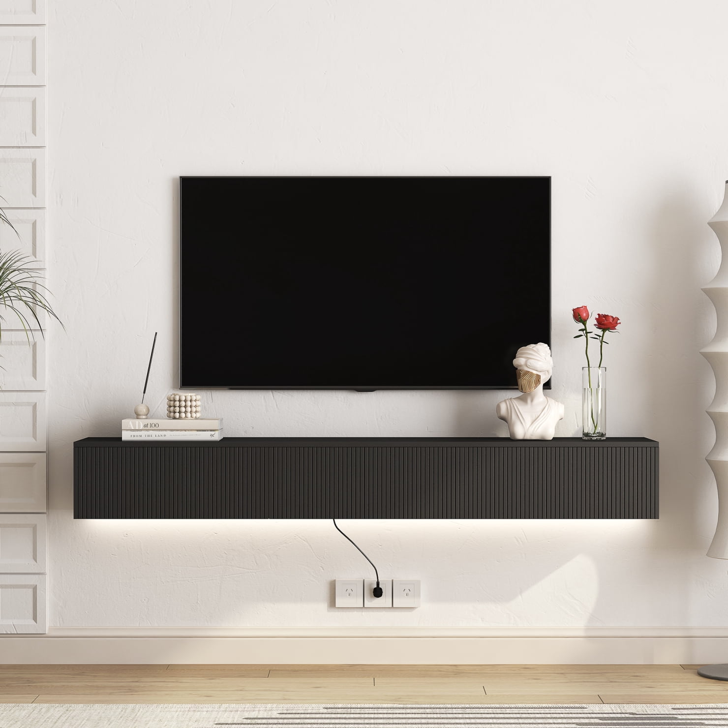 69 Inch Floating TV Stand Wall Mounted Entertainment Center with Storage, 16 Color LED Lights, Power Outlet, Media Console for 55 60 65 Inch TVs, Black