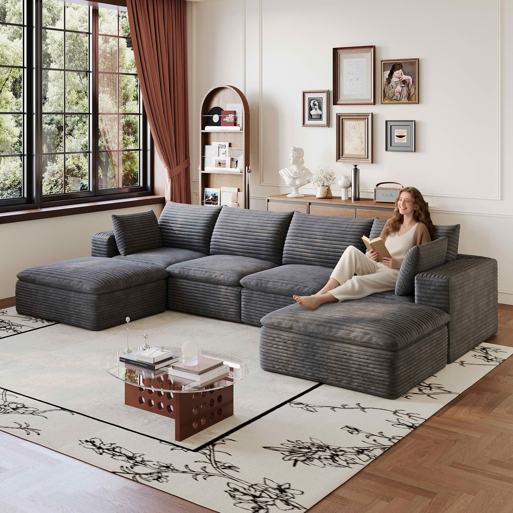 MAYEERTY 134 Inch Corduroy Cloud Floor Sofa, Modular Couch with Detachable Double-Layer Cushion, No Assembly Furniture for Home & Office