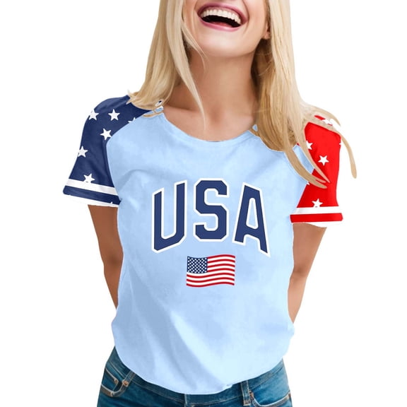 CUSTG Women T-Shirts Ladies July 4th Shirt Flag Patriotic Independence Day Short Sleeve Round Neck T Shirt Patriotic Fashionable Daily Solid Color Tops