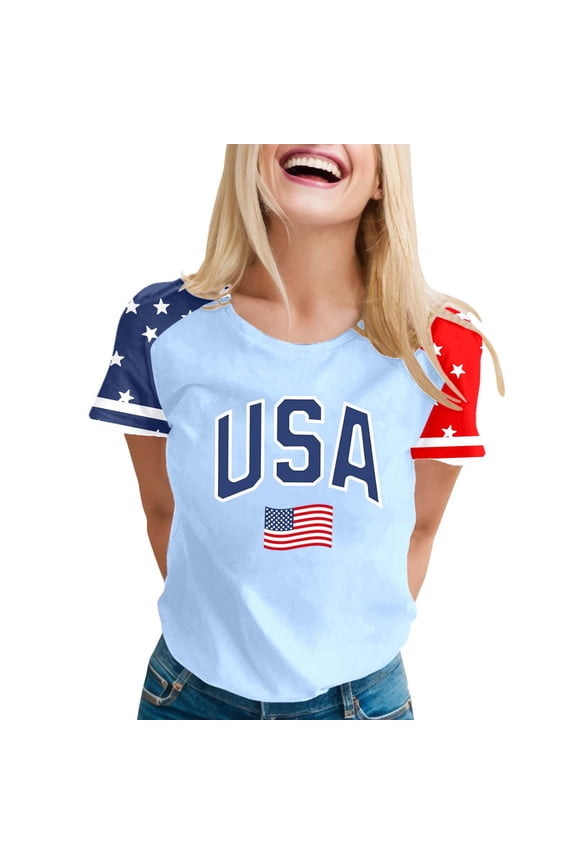 Women's T Shirt Round Neck Short Sleeve Graphic Anniversary Letter Print Comfortable Breathable Tee Top For Independence Day Celebration,Sky Blue,Xl