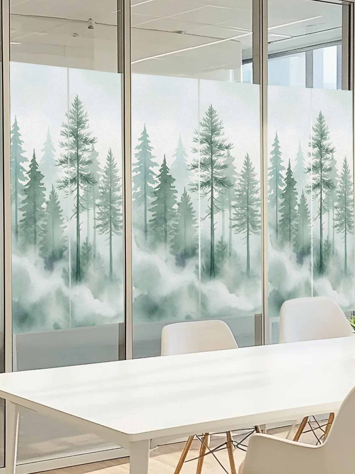 Green Forest Window Privacy Film, Watercolor Misty Green Tall Trees Frosted Glass Window Clings Static Cling UV Heat Blocking Reusable Door Sticker for Bathroom 23.6 x 59 Inch