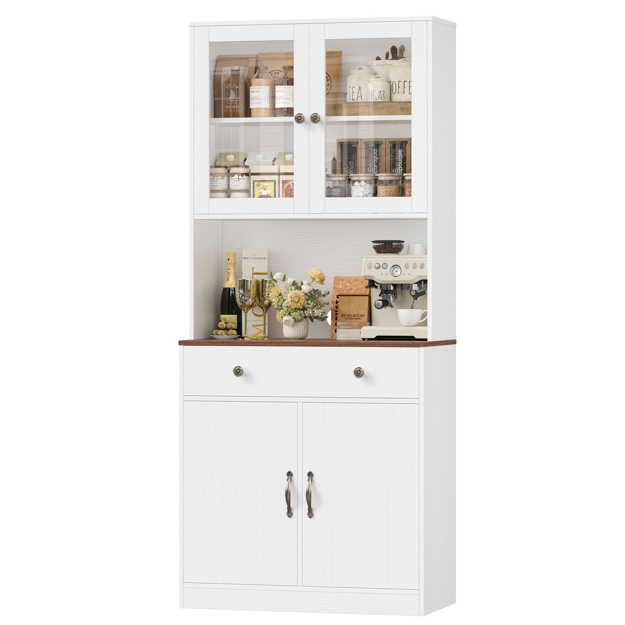 Homfa 71'' Kitchen Pantry Cabinet with Microwave Shelf & Drawer, 4 Doors Pantry Storage Cabinet with Adjustable Shelves for Dining Room, White