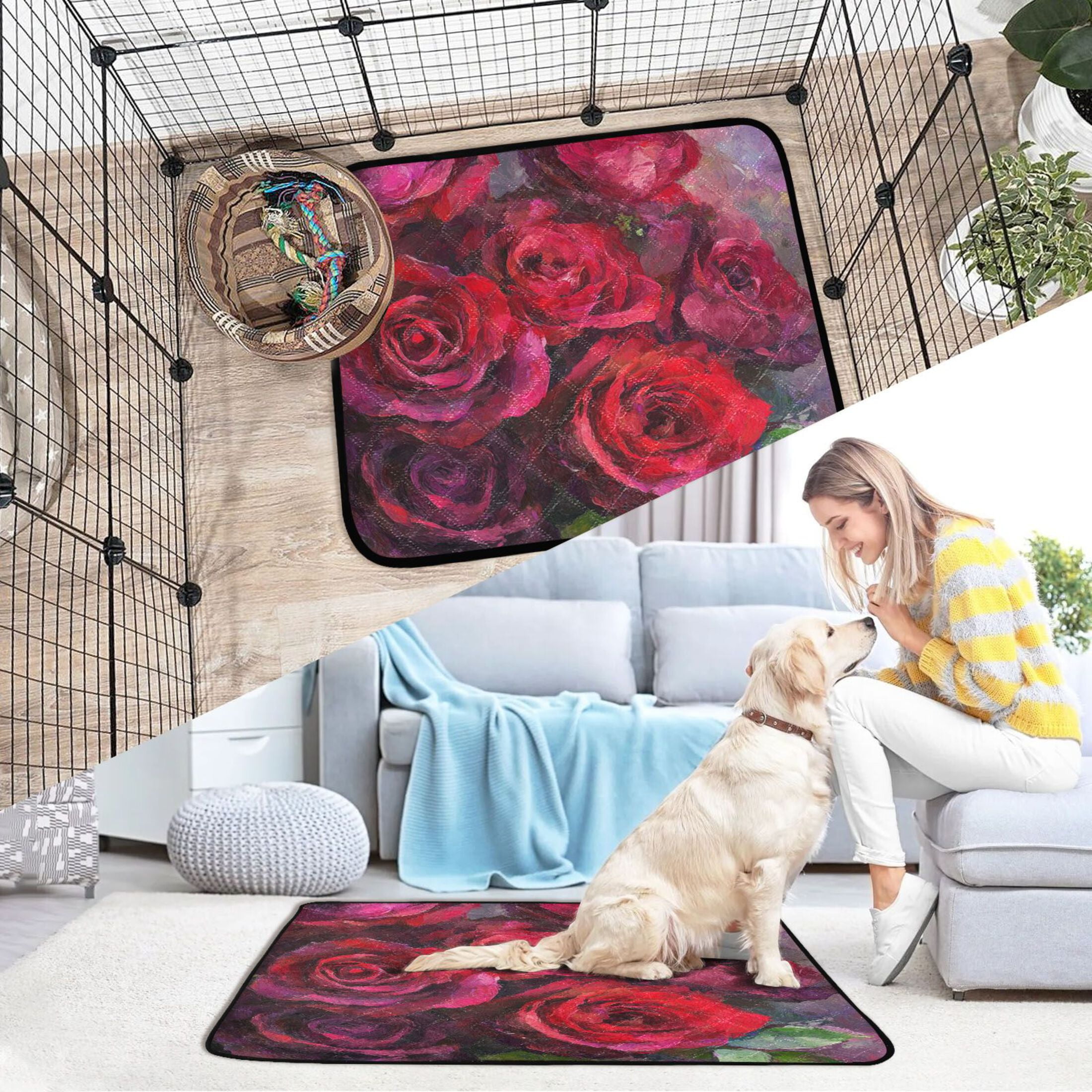 Qxltty Deep Red Roses Cat litter Pads Pet Set of 2 Diaper Mats Center Anti-leakage Layer Absorbent Soft and Comfortable