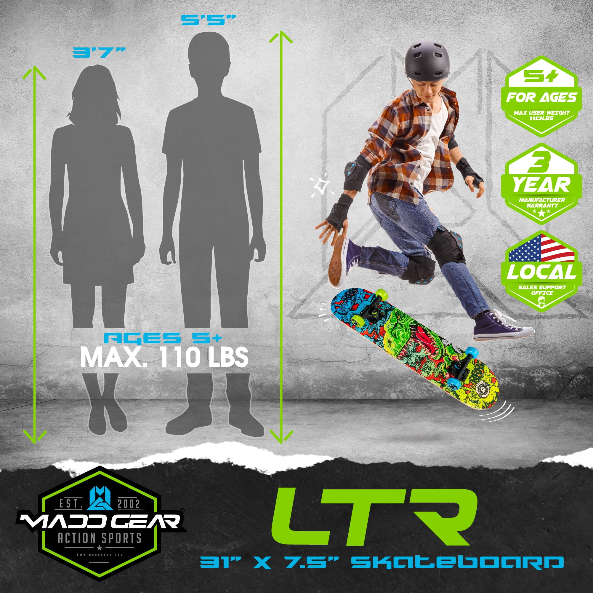 Madd Gear 31 x 7-inch Double Kicktail Beginner Complete Skateboard with 9 Ply Standard Maple Deck