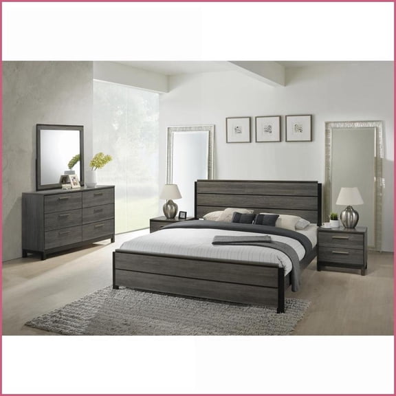 Bedroom Furniture Set 5-Piece Queen with Dresser Mirror & 2 Nightstands | Antique Grey Wood | Wood | Standard Beds