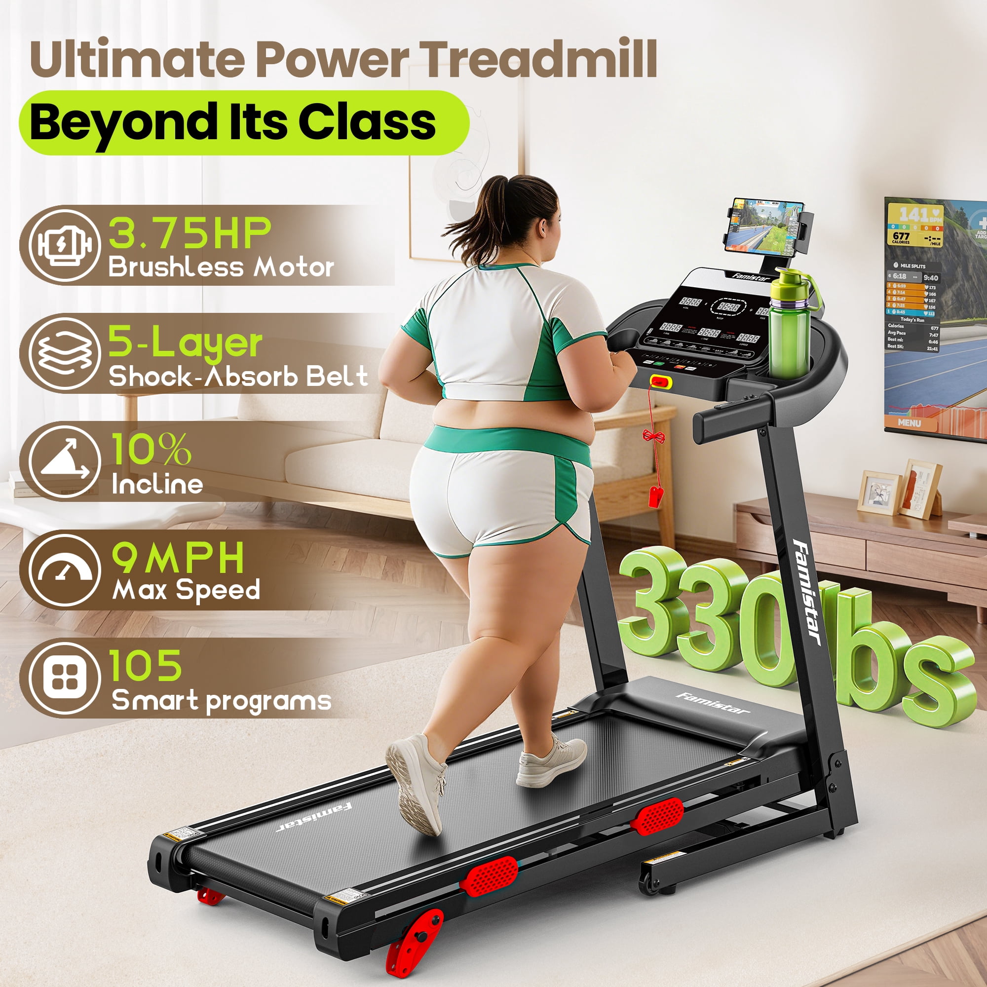 Treadmill 300 LB Capacity for Home with Incline, Folding Electric Running Walking Treadmill, Portable Treadmill for Home Use, 9 MPH, Smart Apps, 96+9 Programs, Bluetooth Speakers