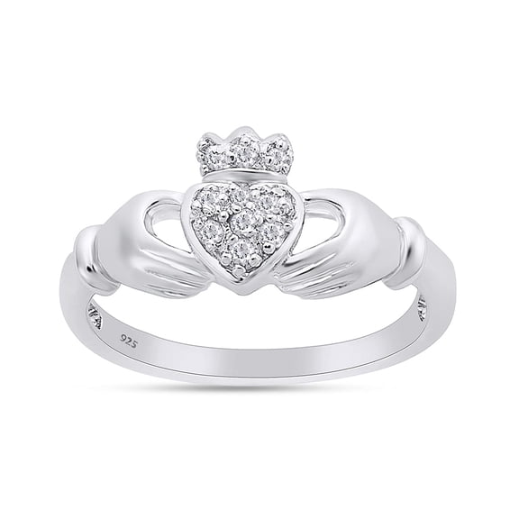 AFFY 1/10 Carat Round Cut White Natural Diamond Claddagh Ring In 14K White Gold Over Sterling Silver (Clarity : I2-I3, Color : J-K, 0.1 Cttw)-4