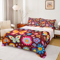 Homewish Kawaii Butterflies Flowers 4 Pieces Queen Sheet Sets For Teens Female Girls,Spring Garden Ultra Soft Flat Sheet,Chic Floral Blossoms Queen Fitted Sheet,Lightweight Room Decor