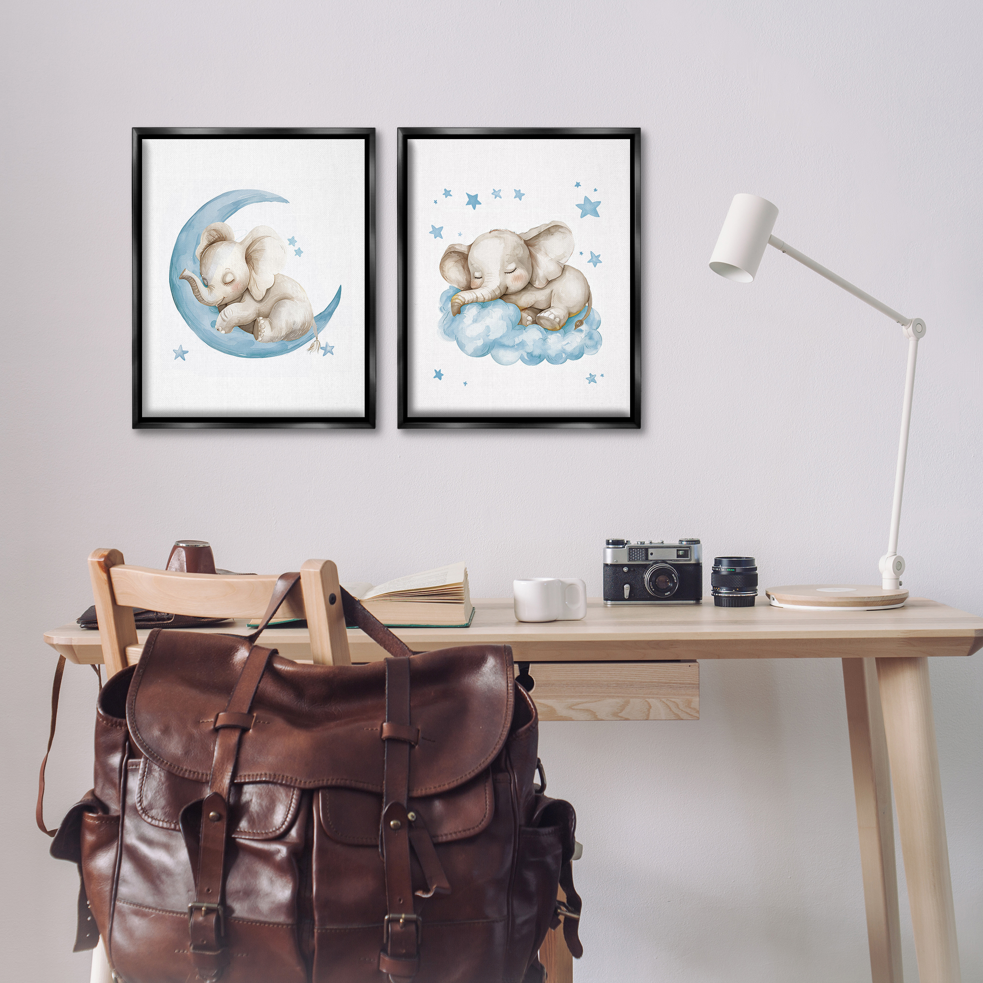 Stupell Industries Blue Sleepy Elephant Animals Painting Black Floater Framed Canvas Art Print Wall Art, 17 x 21, Set of 2