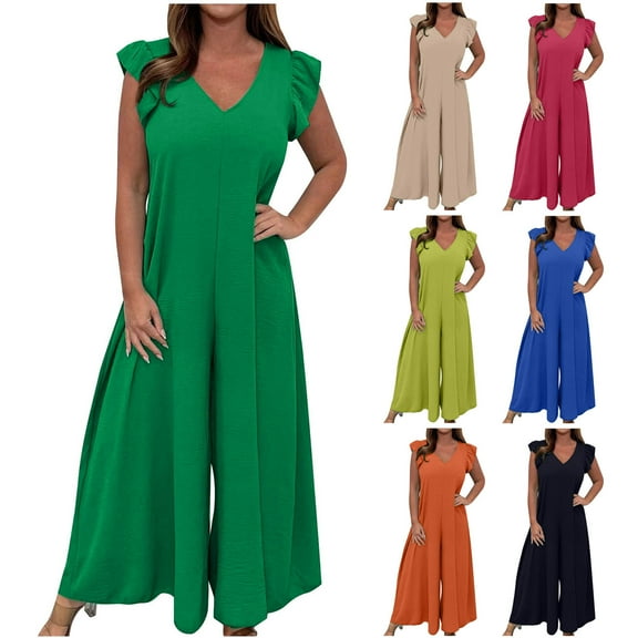 Fengqque Women's V-neck Lace Up Ruffle Edge Short Sleeve Wide Leg Pants Solid Color Casual Jumpsuit for Women Red 10(XL)