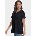 thumbnail image 5 of Women's V Neck T Shirts Casual Rolled Short Sleeve Side Split Summer Tops Loose Fit, 5 of 6