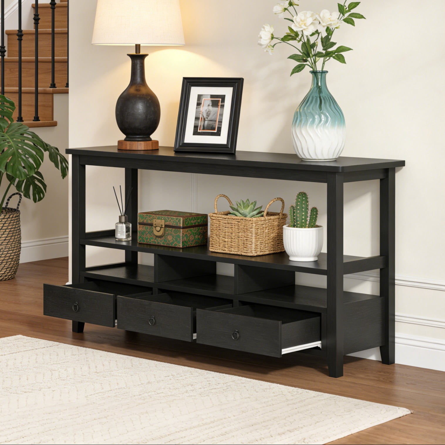 Ktaxon 58"  Mid-Century Console Table with 3 Drawers, Sofa Table Entryway Table Living Room Storage Table with 4 Shelves for Hallway, Entry, Foyer, Office, Black