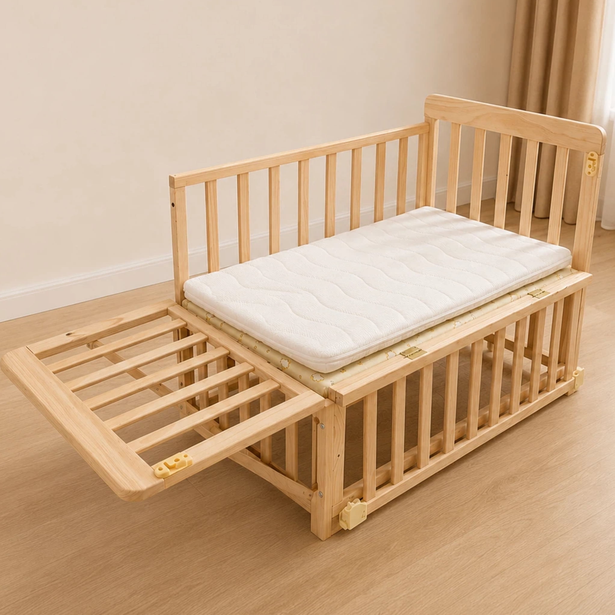Mintazer Convertible Kids Crib with Height Adjustable, Bedside Bassinet with Lockable Wheels & Mattress, Extendable Rocking Cradle for Newborn to Toddler, Natural