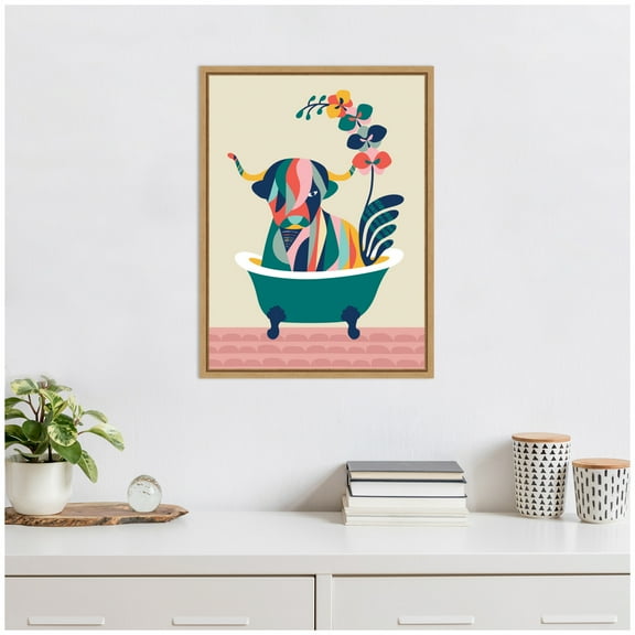 Kate and Laurel Mid Century Modern Cow in Bathtub Framed Canvas Wall Art  by Rachel Lee 18 x 24 Sylvie Natural, Mid Century Modern, Animals, Bathroom, Kids Art for Wall Decor, Living Room, Bedroom