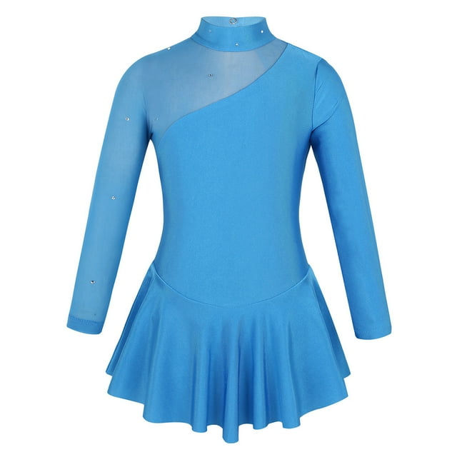 TiaoBug Robe de Danse Scintillante pour Filles Col Montant en Maille Robe de Patinage sur Glace Spandex Manches Longues Justaucorps de Danse Bleu 6