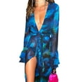 thumbnail image 5 of Coduop Women's Swimwear Sunscreen Smock Dress Long Sleeve V Neck Print Split  Beach Long Dress, 5 of 9