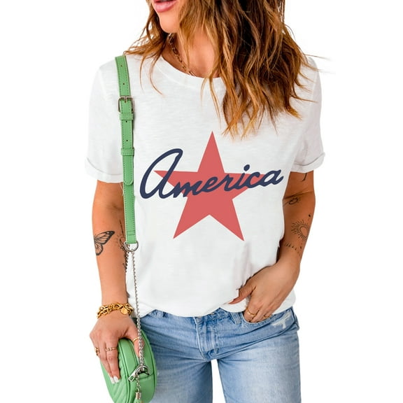 Women's White America Star Shape Print O Neck Loose Fit T-Shirt - [ZhiHiMeRi] | (US 18-20)2XL