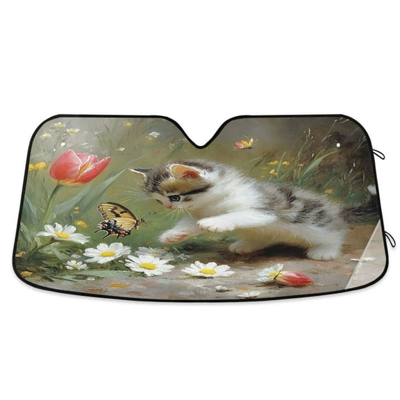 Playing Cats Car Sunshade 53x23.5in Windshield Sunscreen 4 Suction Cups Aluminum Foil Quick Fold
