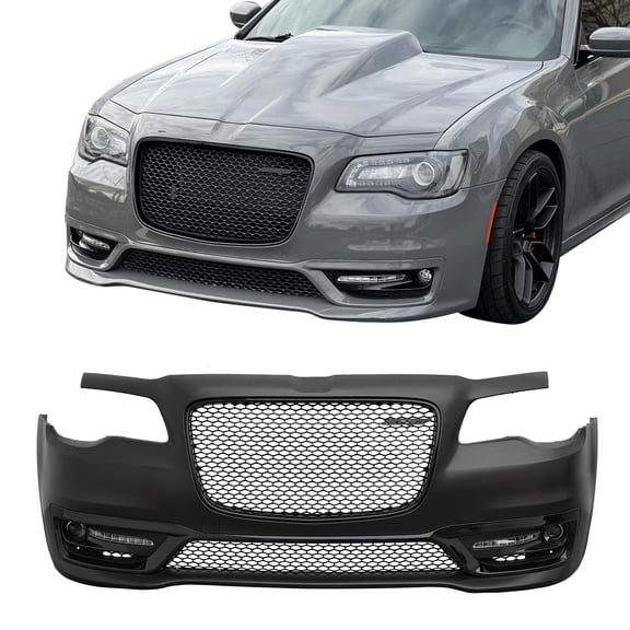 Ikon Motorsports Front Bumper Cover, Compatible with 2015-2023 Chrysler 300, SRT Style Unpainted Black PP Replacement Bumper Conversion Bodykit with DRL, Fog Lights and Gloss Black Upper Lower Grille