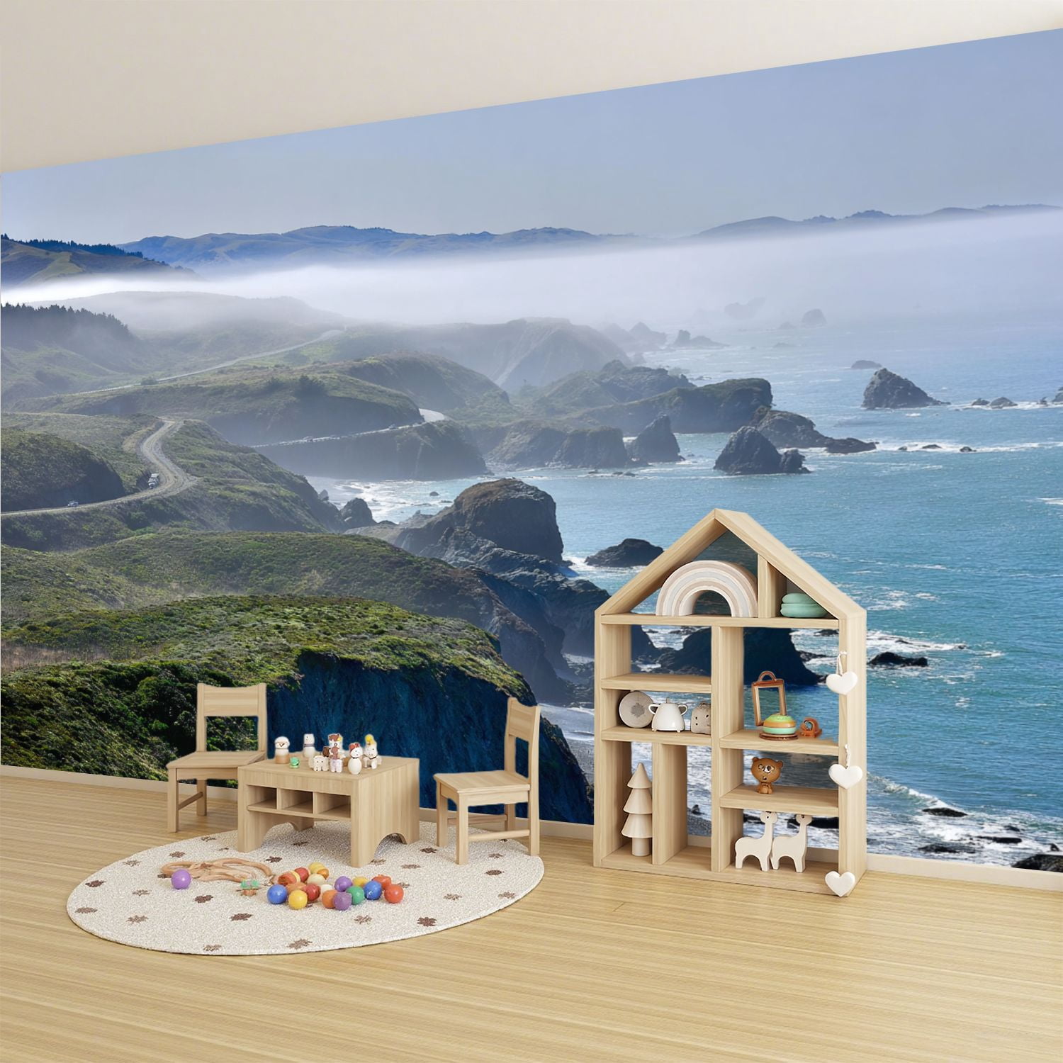 Wallpaper Foggy morning Bay Sonoma County Californias Pacific Peel and Stick Wall Murals 100"H x 144"W Removable PVC Wall Paper Self-Adhesive Wall Paintings Art Decor for Bedroom Living Room