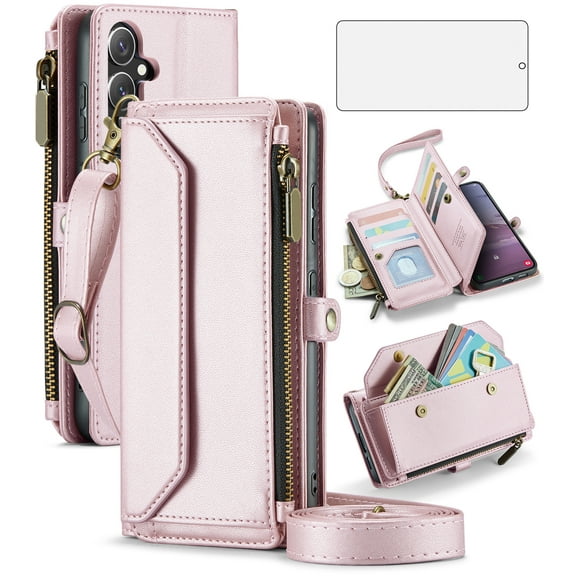 Compatible with Samsung Galaxy S24 FE 5G Zipper Wallet Phone Case Tempered Glass Screen Protector Crossbody Lanyard Strap Flip Card Holder Slot Cell Cover for S 24 EF AI S24FE 24S Women Rose Gold