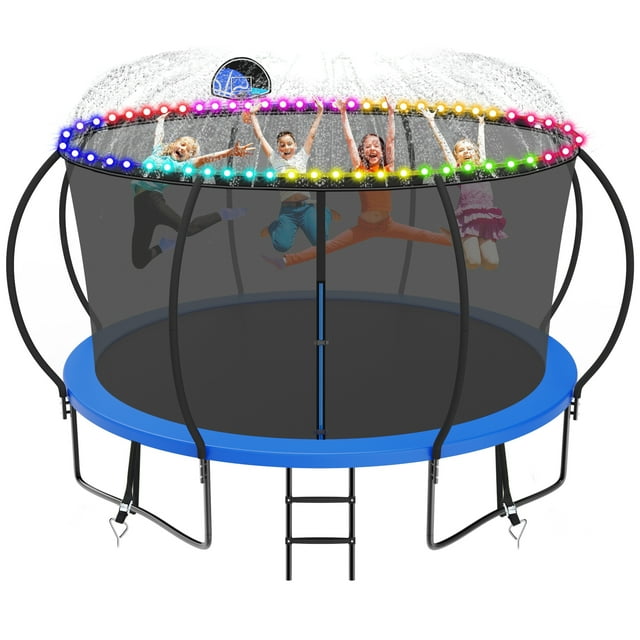 Kacho Trampoline for Kids and Adults, 14FT 1400LBS Trampoline with Enclosure Net, Light, Sprinkler, Basketball Hoop, Ladder, Outdoor and Backyard Trampoline, No Gap Design, Blue