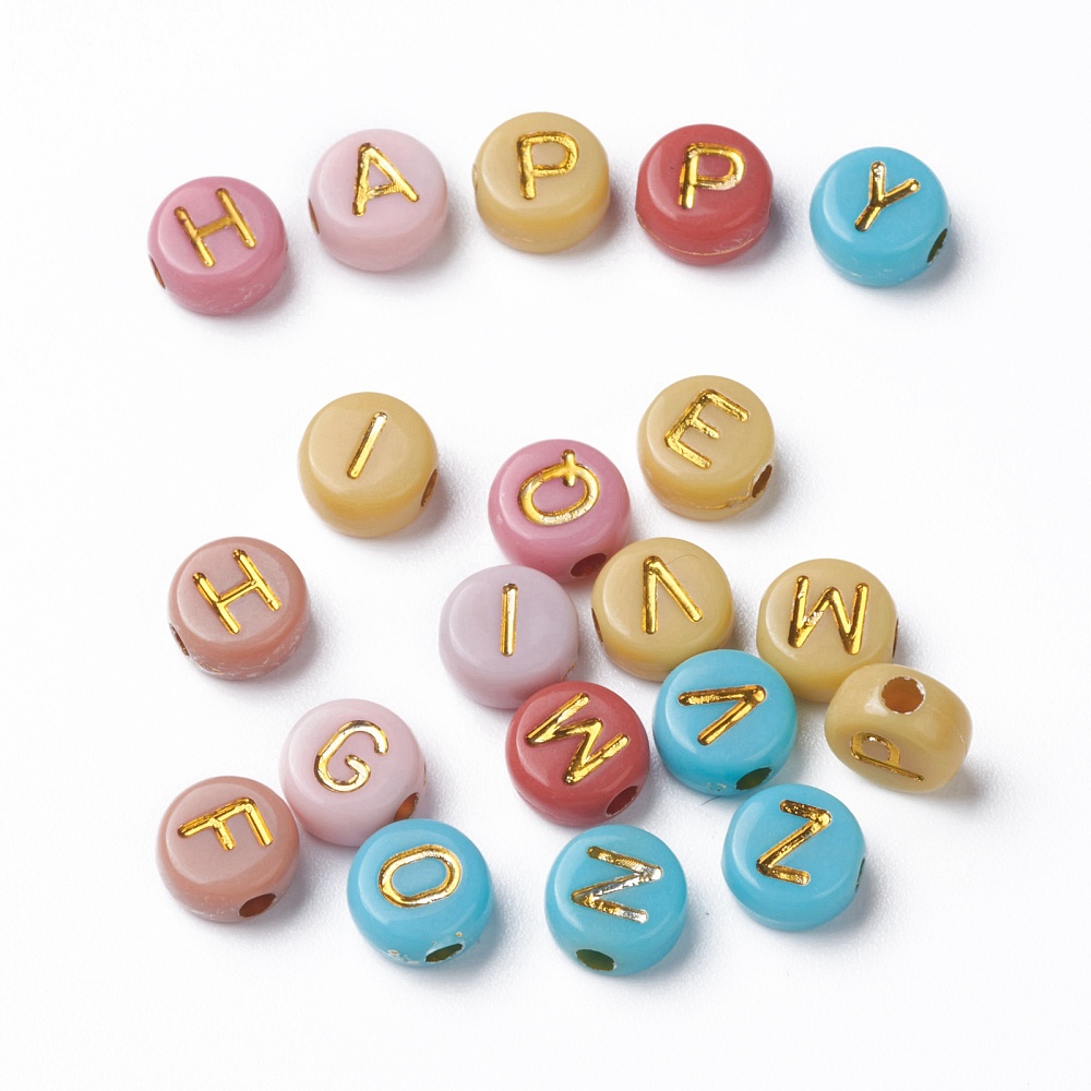 500gs Opaque Mixed color Acrylic Beads Metal Enlaced Flat Round with Random Letters Golden 7x4mm Hole: 1.8mm about 3700pcs/500g
