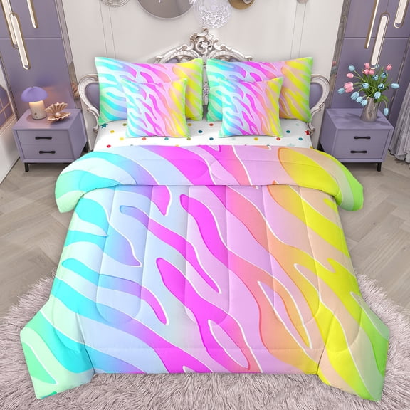 jejeloiu Neon Zebra Texture 7-Piece Twin Bedding Sets,Zebra Stripes Bedding Comforter Set,Colorful Ombre Effects Sheet Sets For Ggirls Kids,Luxury Bedroom Decor Reversible