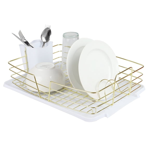 Michael Graves Design Deluxe Dish Rack with Gold Finish Wire and Removable Dual Compartment Utensil Holder, White/Gold