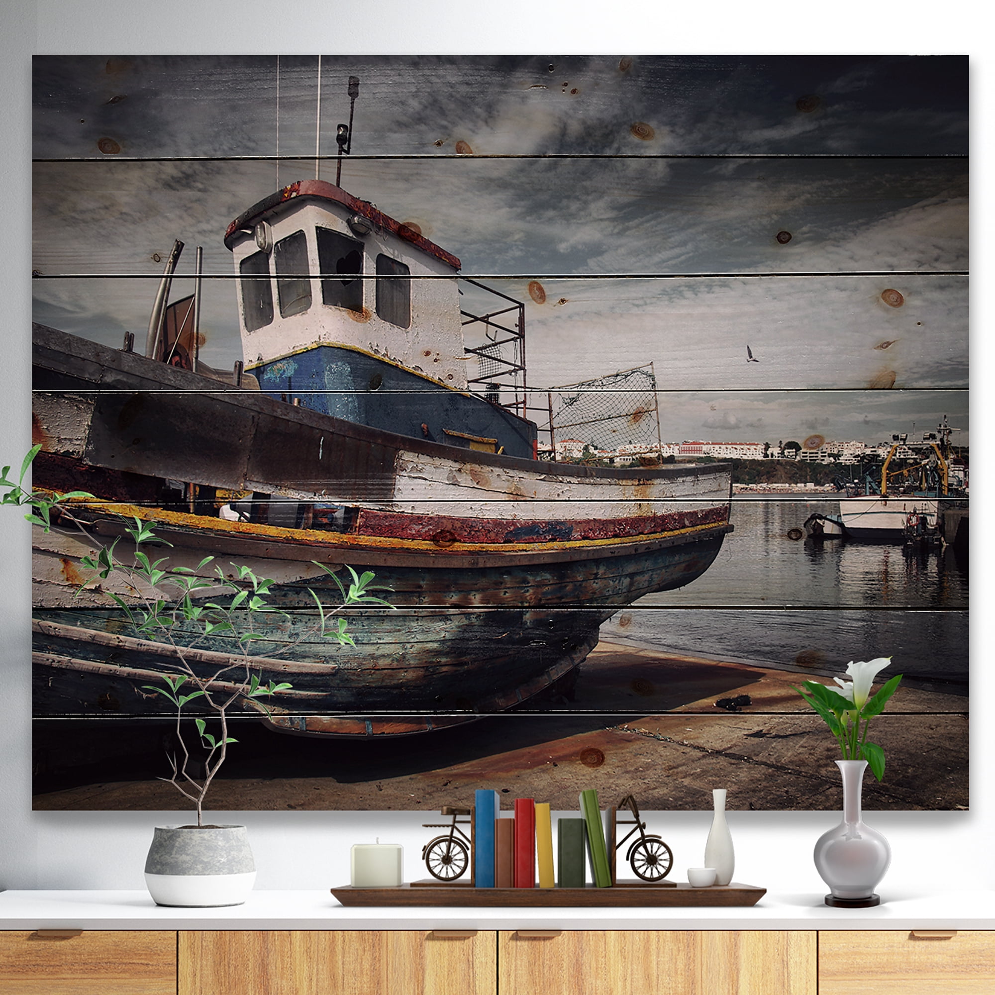 Designart 'Old Fishing Boat' Boat Print on Natural Pine Wood