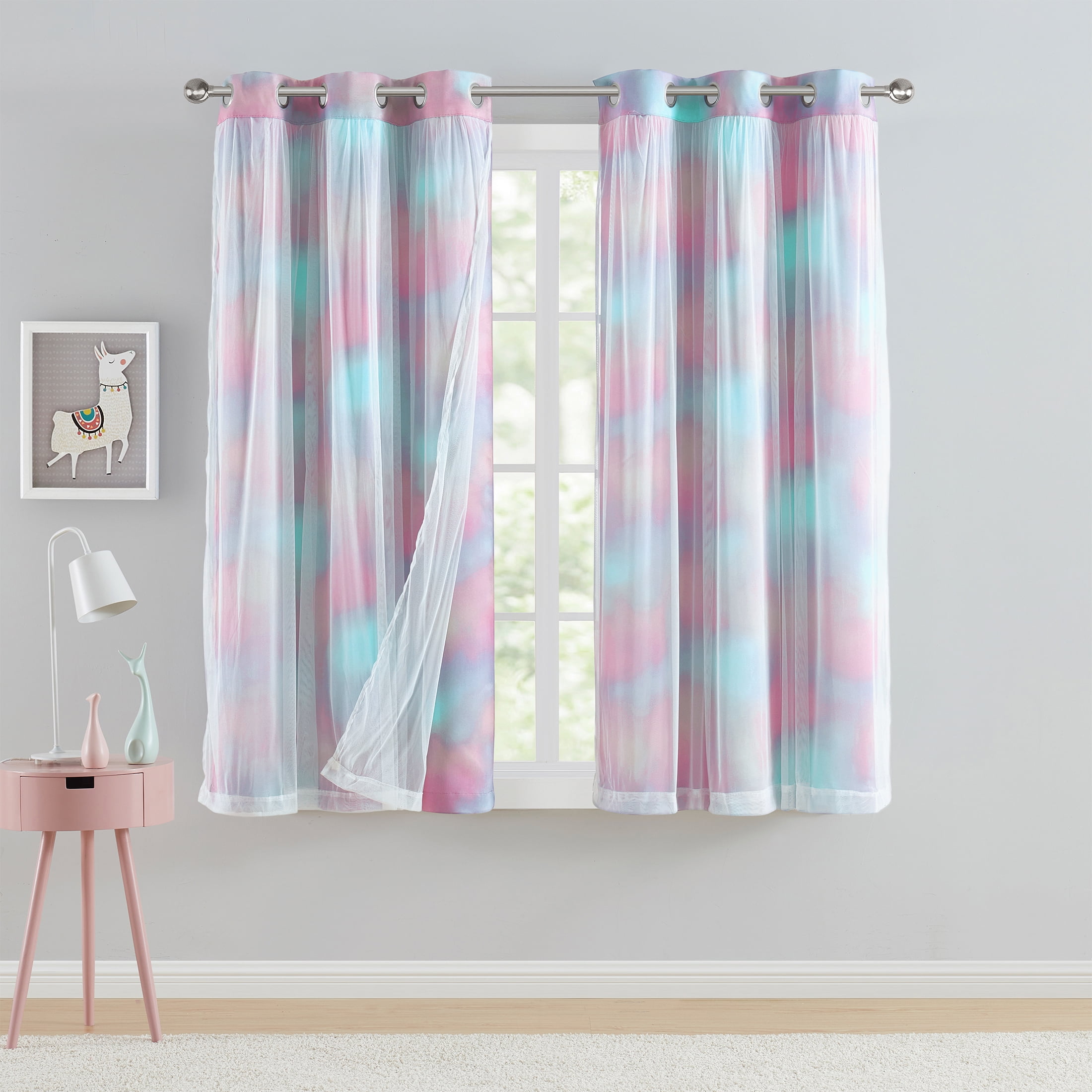 (2 pack) Your Zone Multi Tie-Dyed Blackout with Sheer Overlay Grommet Curtain Panel, 37" x 63"