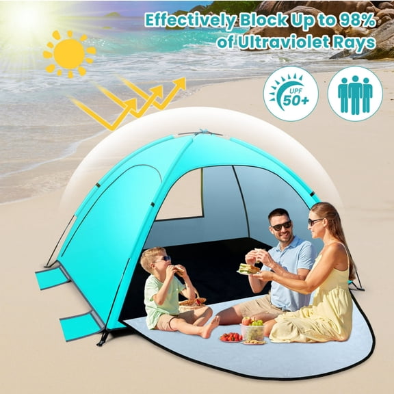 Beach Tent Sun Shelter,Multi Pole Beach Tent for 2-3 Person, UPF 50 Sun Shelter, Portable Extendable Beach Canopy, for Camping, Hiking, Outdoor, Fishing,with Zip and Privacy Screen - Green