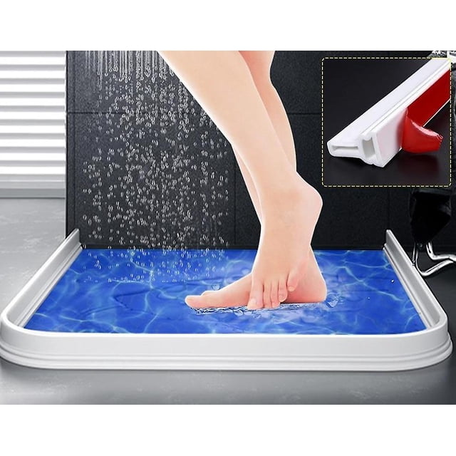 barra de retención de agua para baño, platos de ducha, barrera de goma de silicona, 200cm x 3cm blanco, vista frontal centrada de la barra flexible colocada en los bordes de un plato de ducha rectangular; perfil en U con base adhesiva roja visible en inserto, superficie lisa y borde curvado para contener salpicaduras; fondo con suelo gris y agua en el plato; adecuada para separar zonas húmedas y suele emplearse también para delimitar áreas de limpieza.