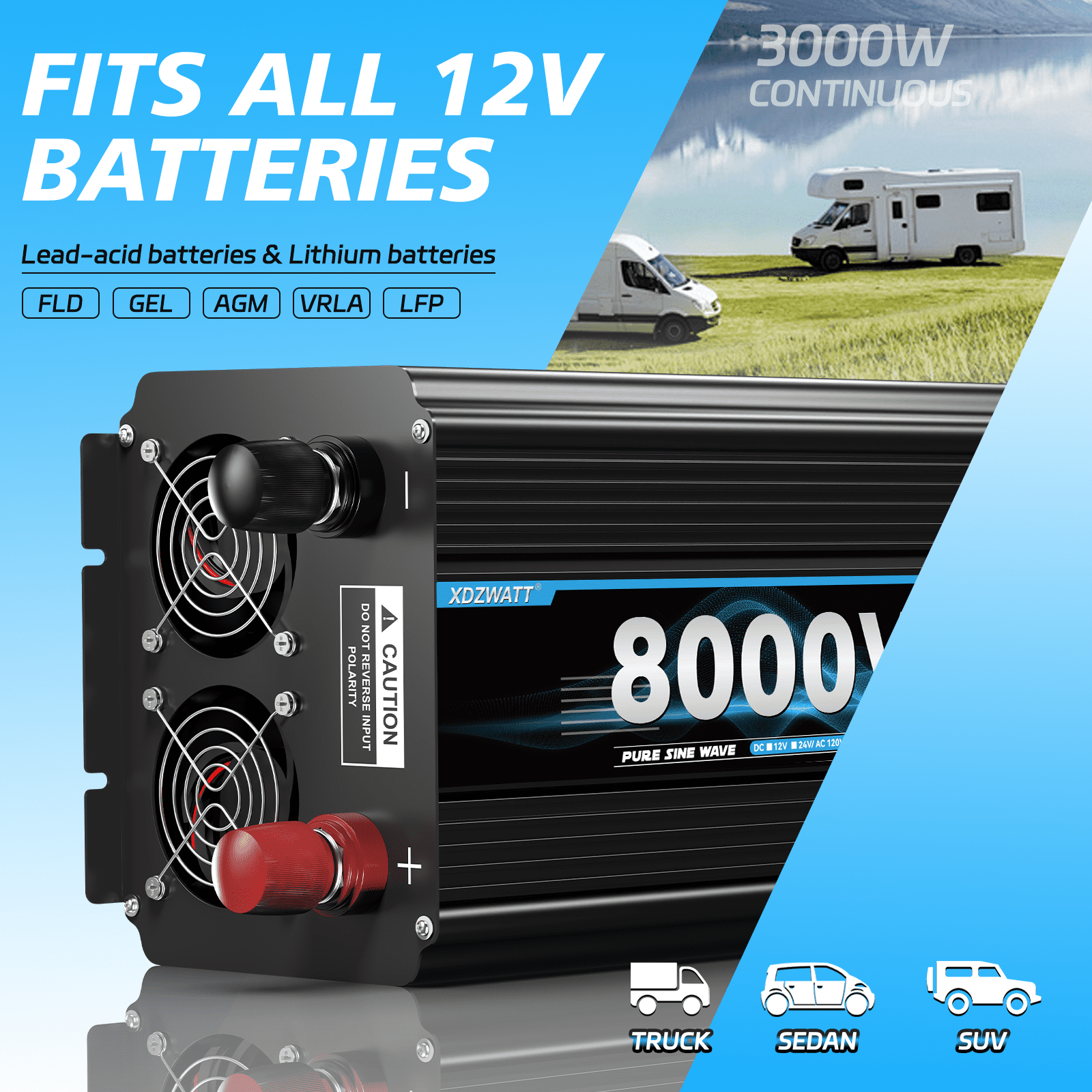 XDZWATT 12V 3000W Continuous 8000W Surge Power Inverter LCD Display for Car