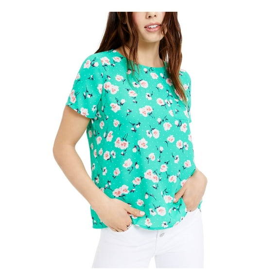 MAISON JULES Womens Green Pocketed Floral Short Sleeve Jewel Neck Top Size: S
